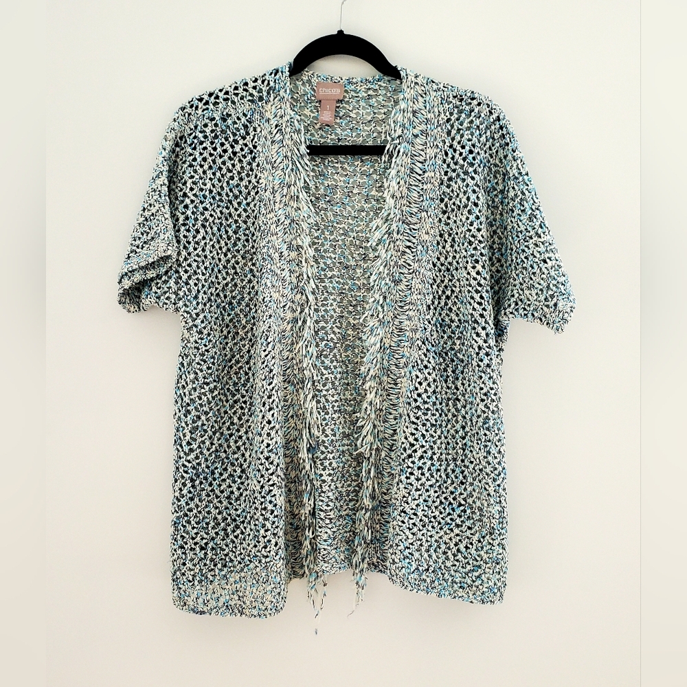 CHICO'S Crocheted Knit Open Front Sweater Vest Short Sleeve & Frayed Fringe Trim